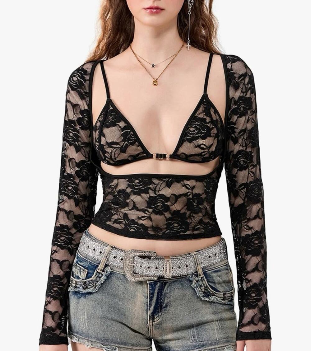 Women Floral Lace Tops Long Sleeve Pullovers Fitted Crop with Bra Size S